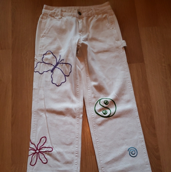 PacSun Women's 22 XXS Low Rise Carpenter Embroidered Jeans White Mushroom Flower - Picture 3 of 10